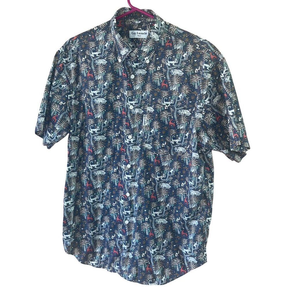 Guy Laroche Vintage Mens Shirt Size Large Multicolor Short Sleeve Button Down